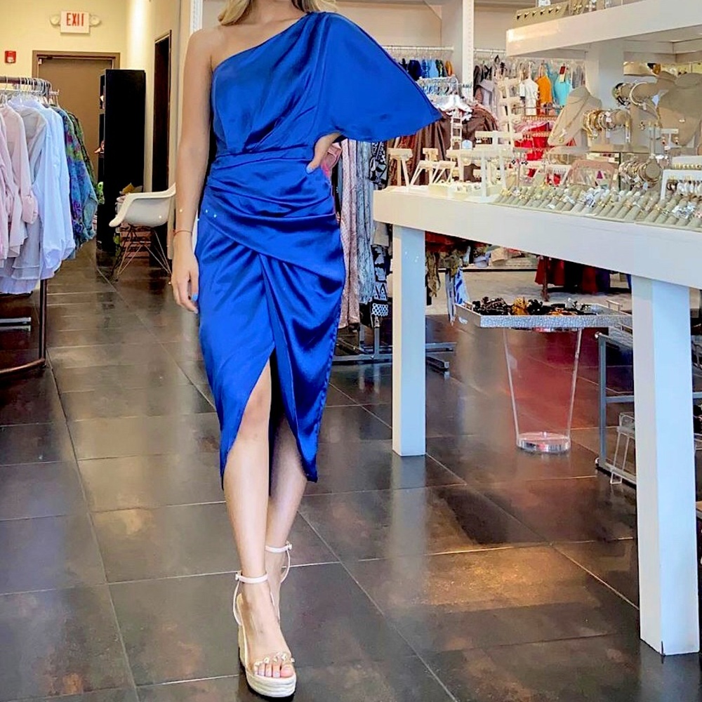Gorgeous one shoulder wrap satin dress. Worn once
